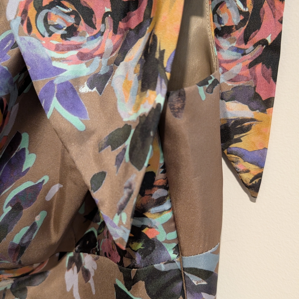 Trina Turk Silk Taupe One-Shoulder Floral Bow Dress Size 8 - Picture 7 of 8